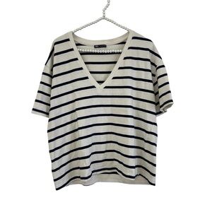 Zara Striped V-Neck FLAWED Ivory Short Sleeve Tee Women’s Size Large